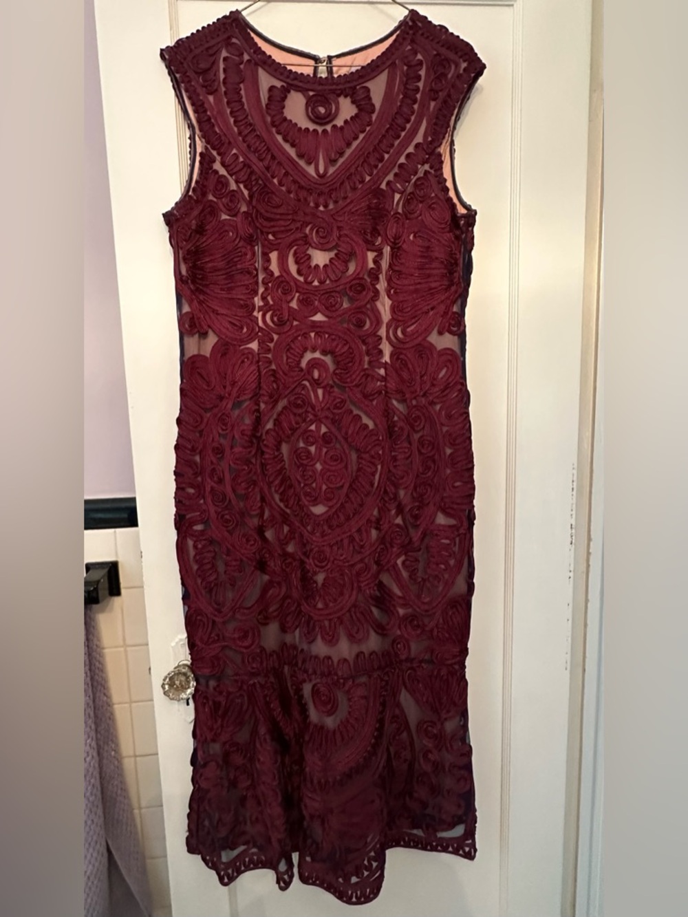 JS Collections Wine Soutache Ribbon Embroidered Midi Formal Dress - size 14